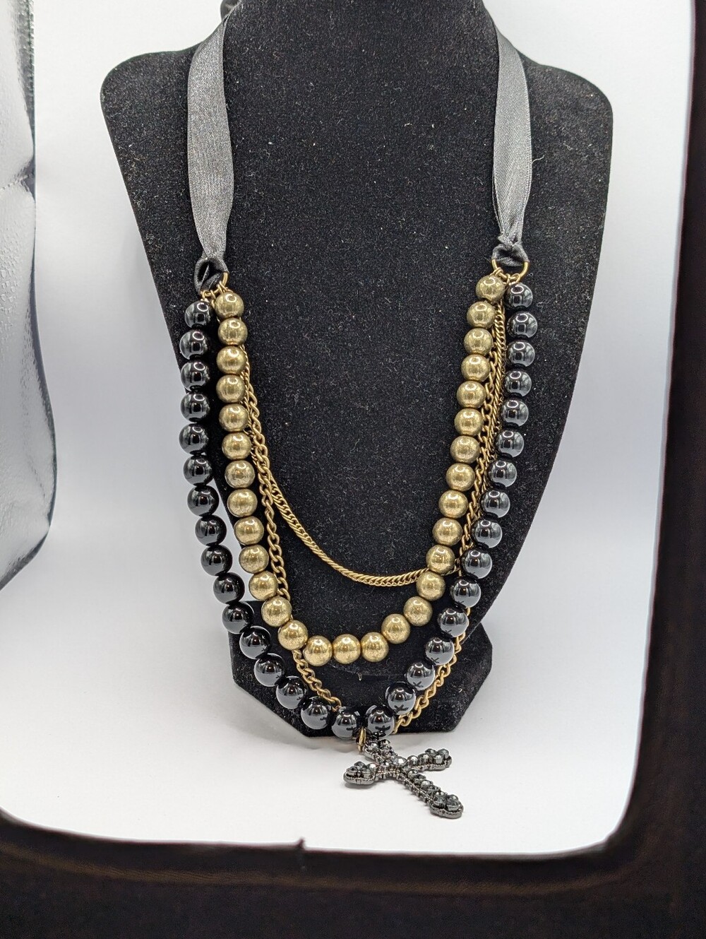 Multi-Strand Black and Gold Beaded Cross Necklace - Women Jewelry